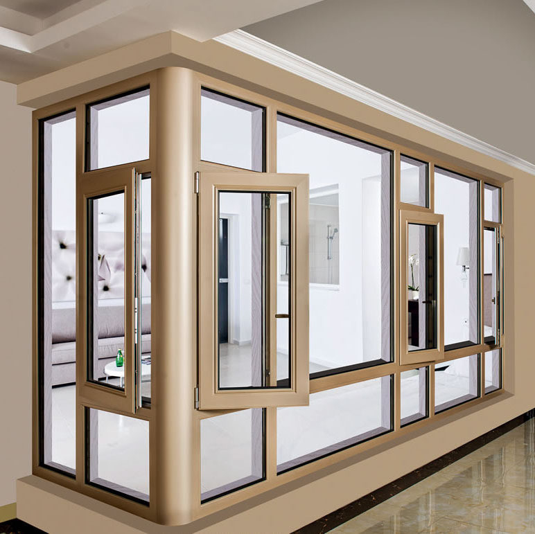 Gehard glas Aluminium Champagne Kleur Aluminium Casement Vensters met opvouwbaar scherm